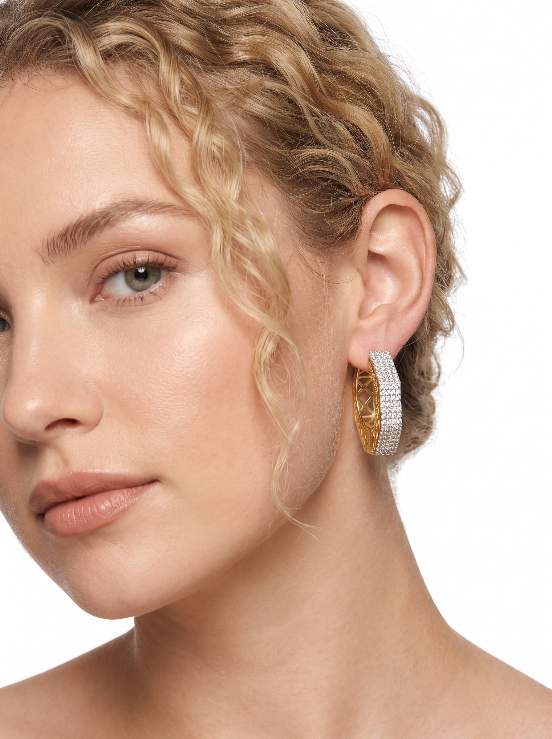 Dual-Tone 18K Gold & Rhodium Plated CZ Hoop Earrings