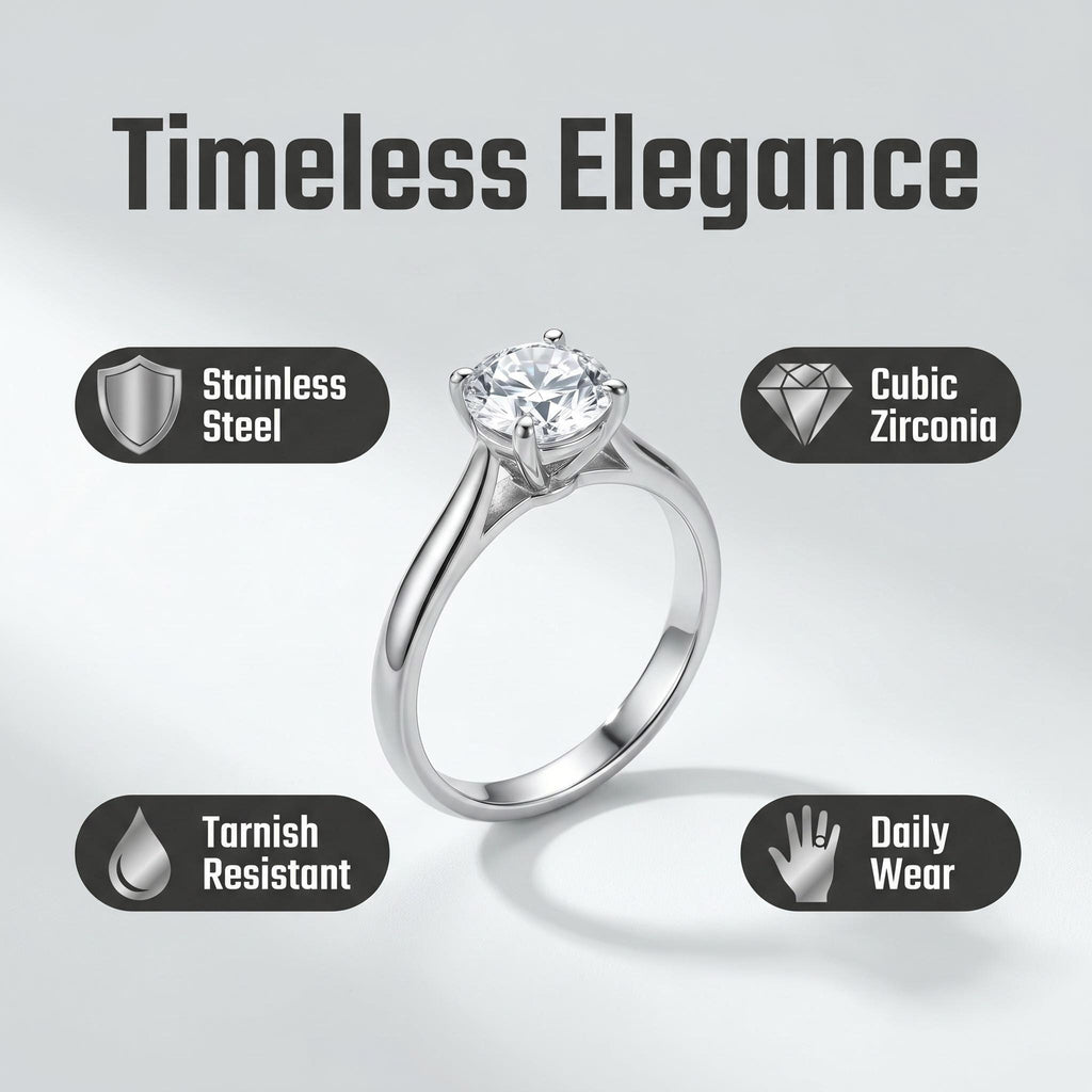 Stainless Steel Ring with 9mm AAA Cubic Zirconia – Tarnish-Free, Diamond-Like Brilliance