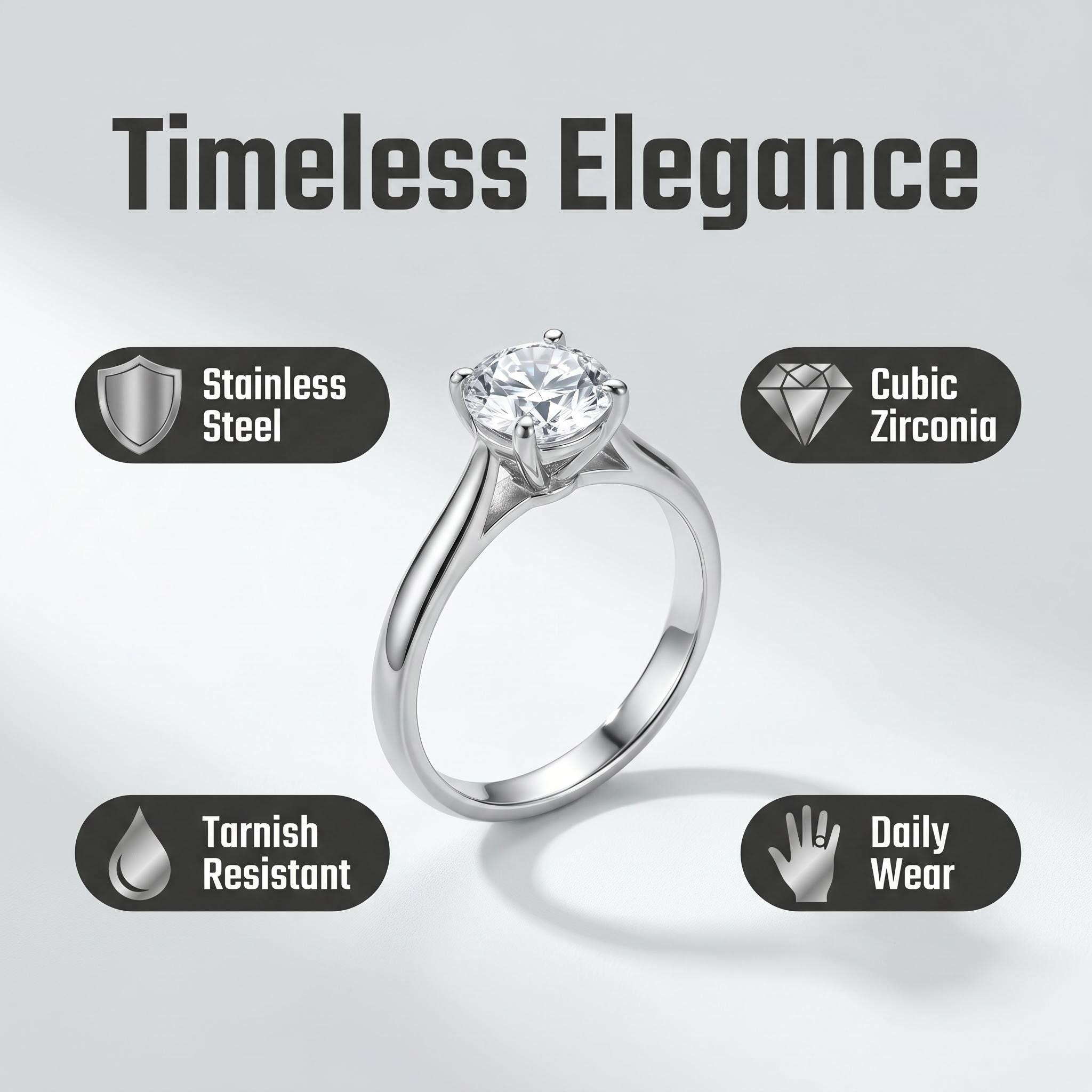 Stainless Steel Ring with 9mm AAA Cubic Zirconia – Tarnish-Free, Diamond-Like Brilliance