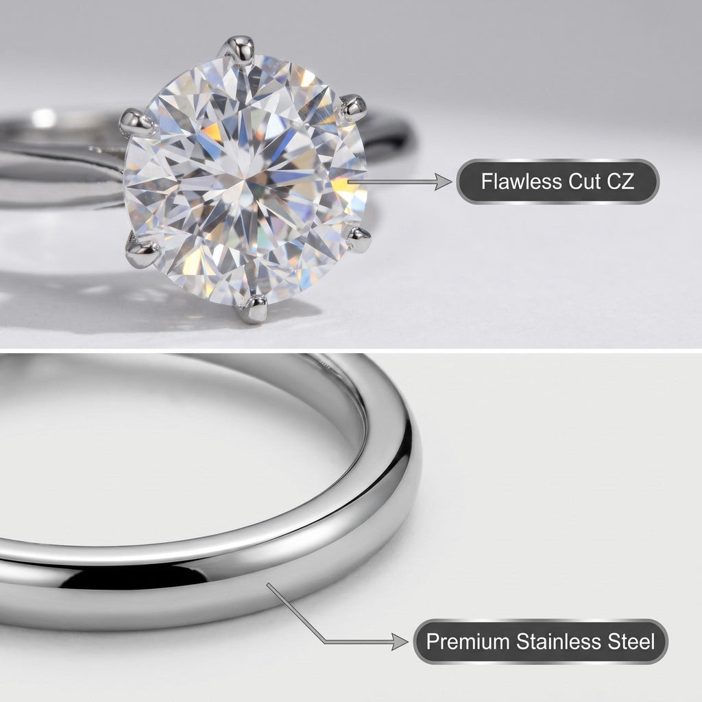 Stainless Steel Ring with 9mm AAA Cubic Zirconia – Tarnish-Free, Diamond-Like Brilliance