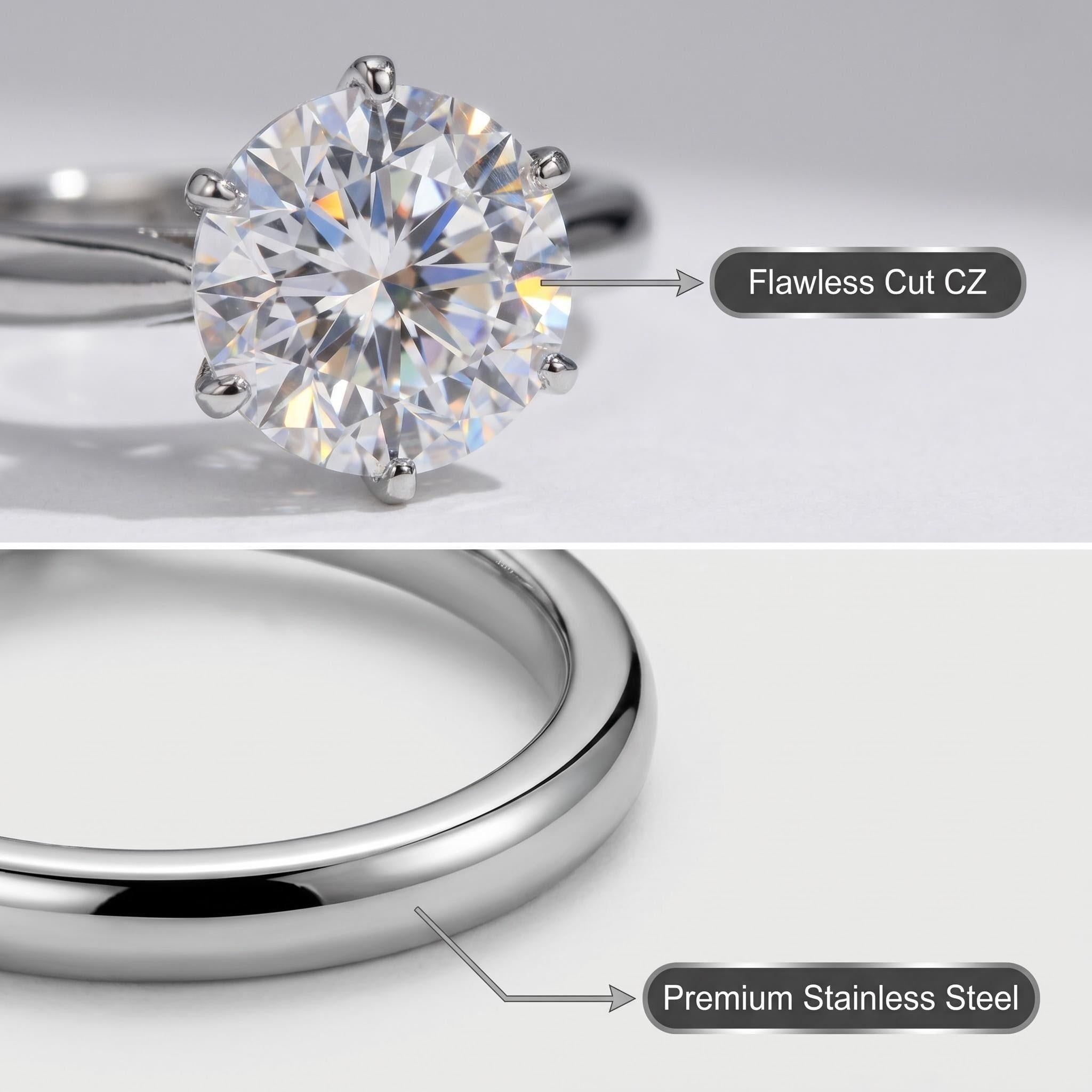 Stainless Steel Ring with 9mm AAA Cubic Zirconia – Tarnish-Free, Diamond-Like Brilliance