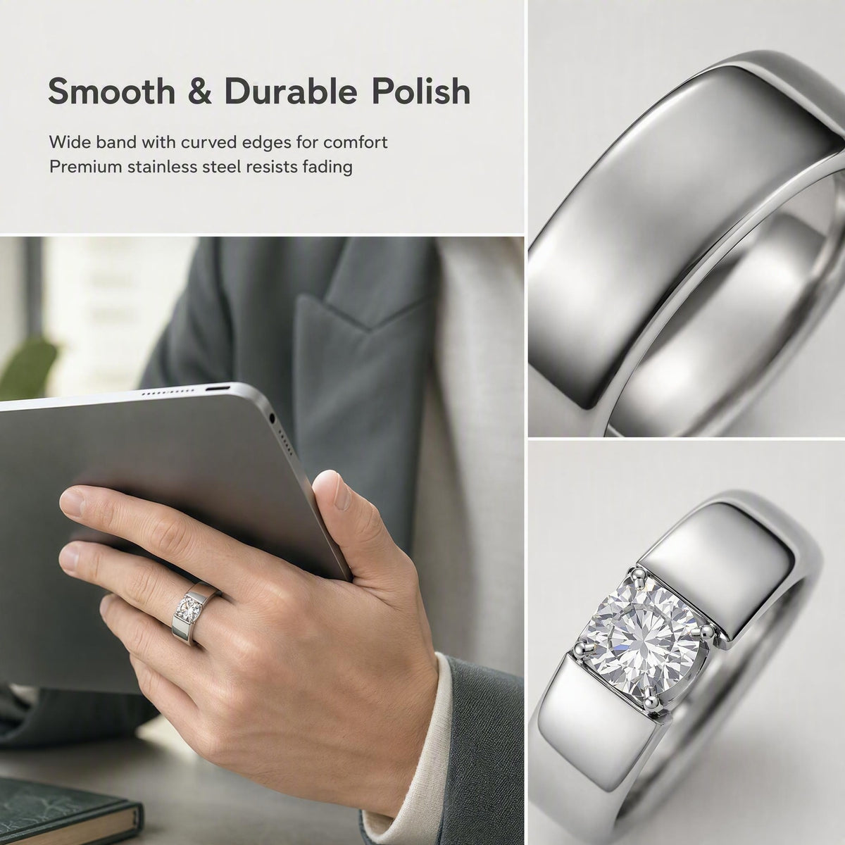 Stainless Steel 4-Prong Solitaire Ring — Silver Tone, Unisex Everyday Wear | BOROWSKI