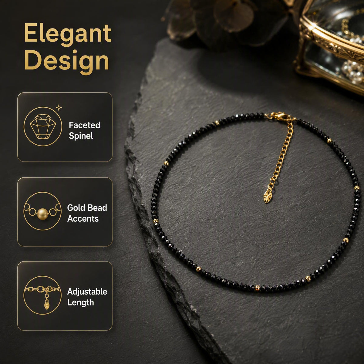 Black Spinel Faceted Bead Necklace — 45/50/55cm | BOROWSKI