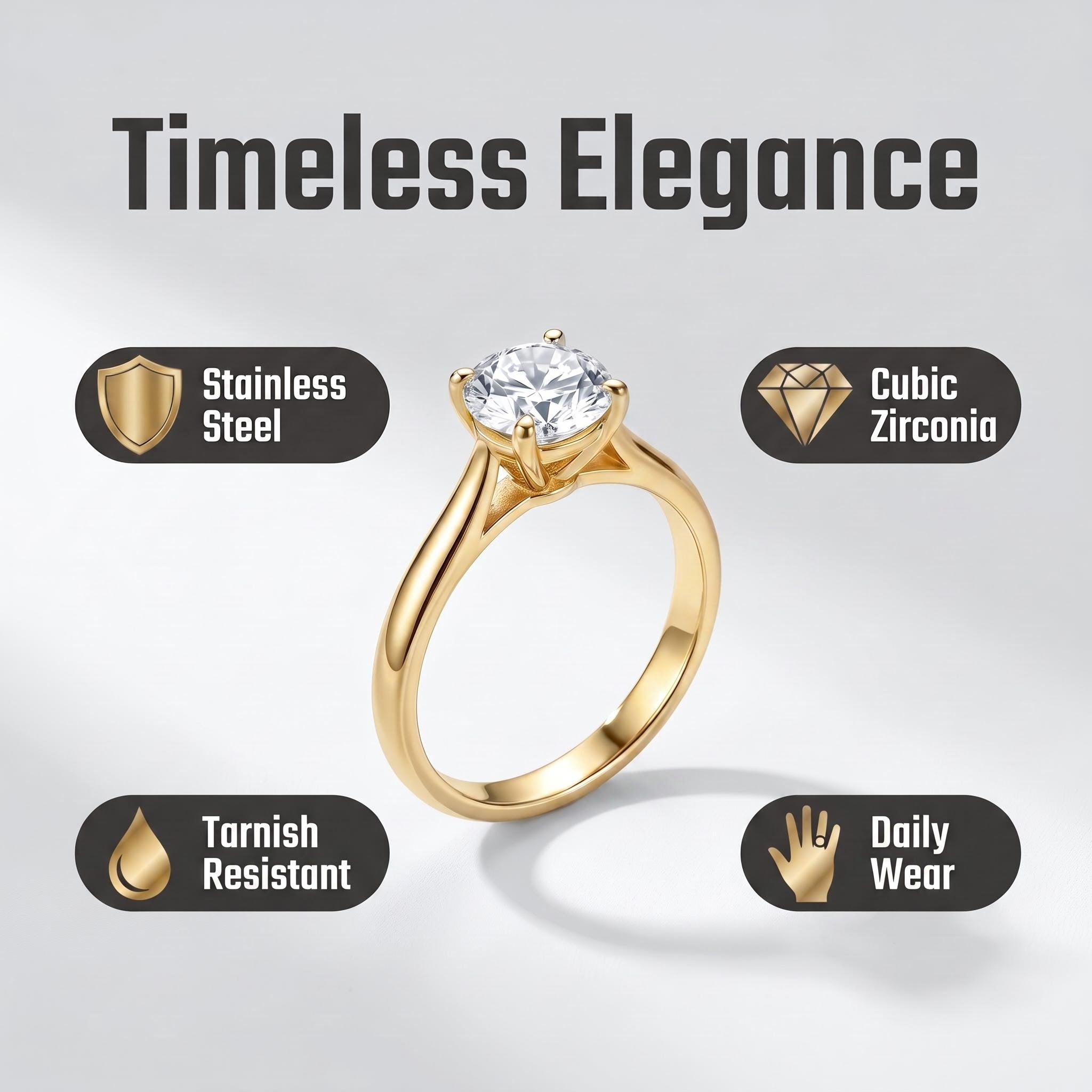 Stainless Steel Ring with 9mm AAA Cubic Zirconia – Vacuum Ion Gold Plated, Color-Fast & Diamond-Like Brilliance