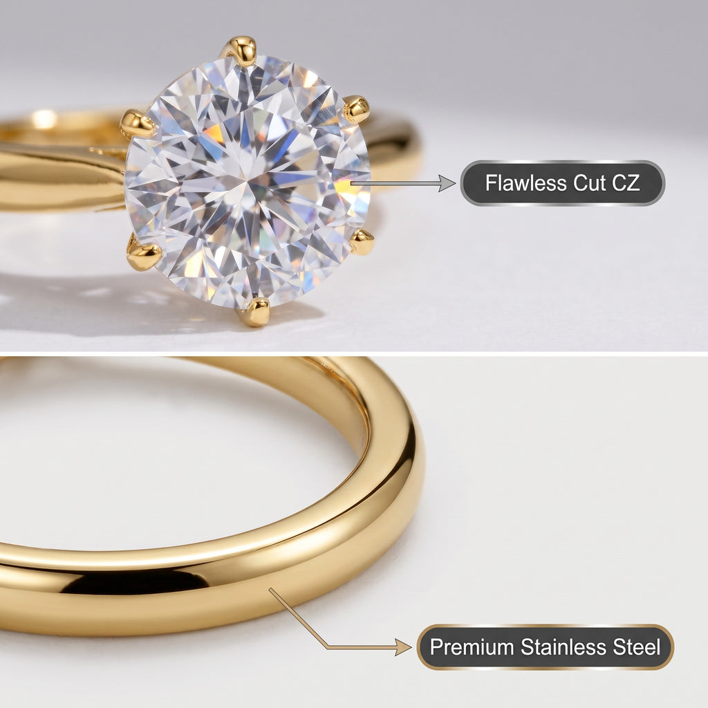 Stainless Steel Ring with 9mm AAA Cubic Zirconia – Vacuum Ion Gold Plated, Color-Fast & Diamond-Like Brilliance