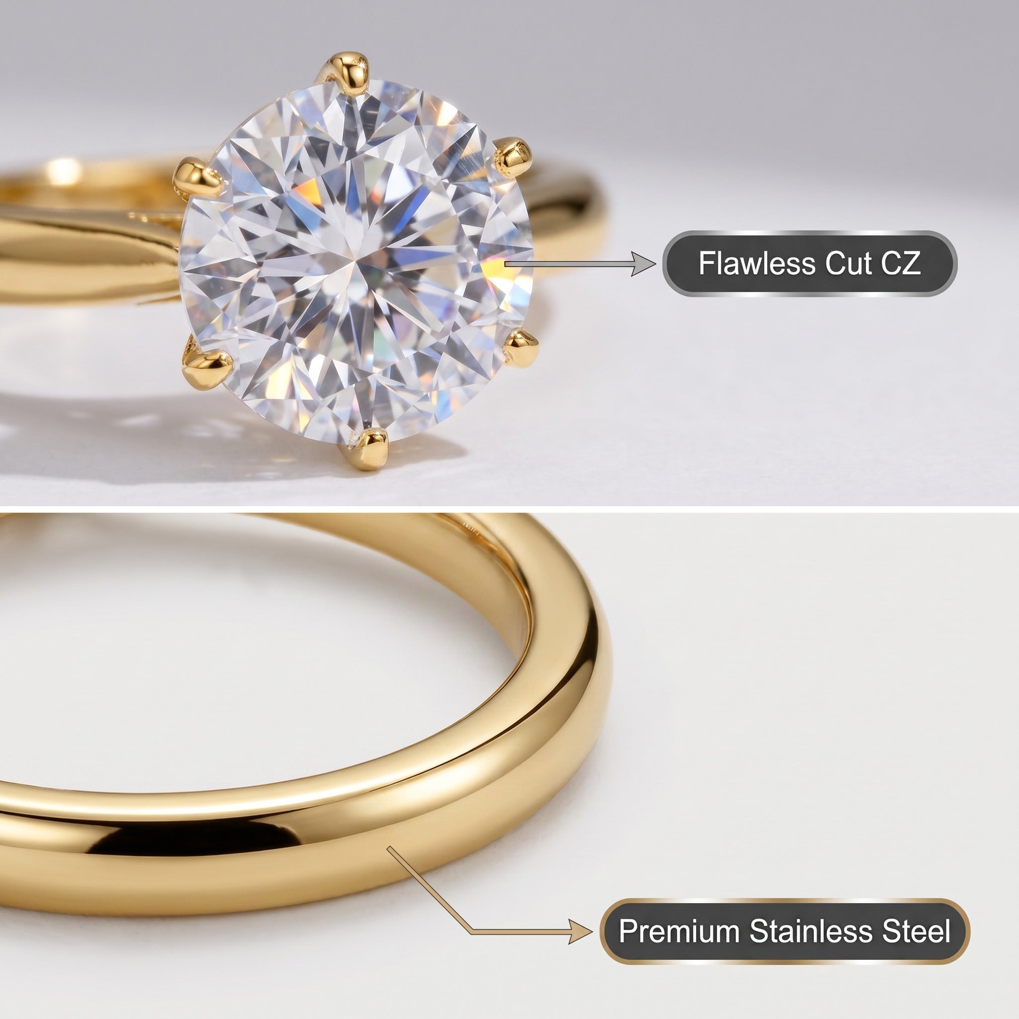 Stainless Steel Ring with 9mm AAA Cubic Zirconia – Vacuum Ion Gold Plated, Color-Fast & Diamond-Like Brilliance