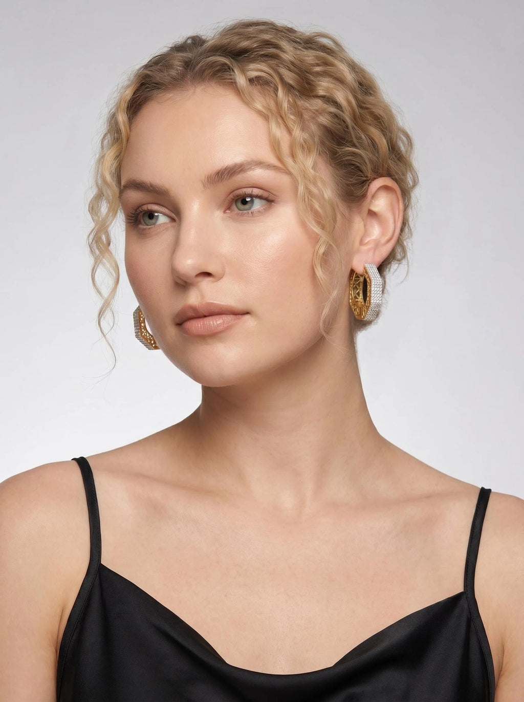 Dual-Tone 18K Gold & Rhodium Plated CZ Hoop Earrings