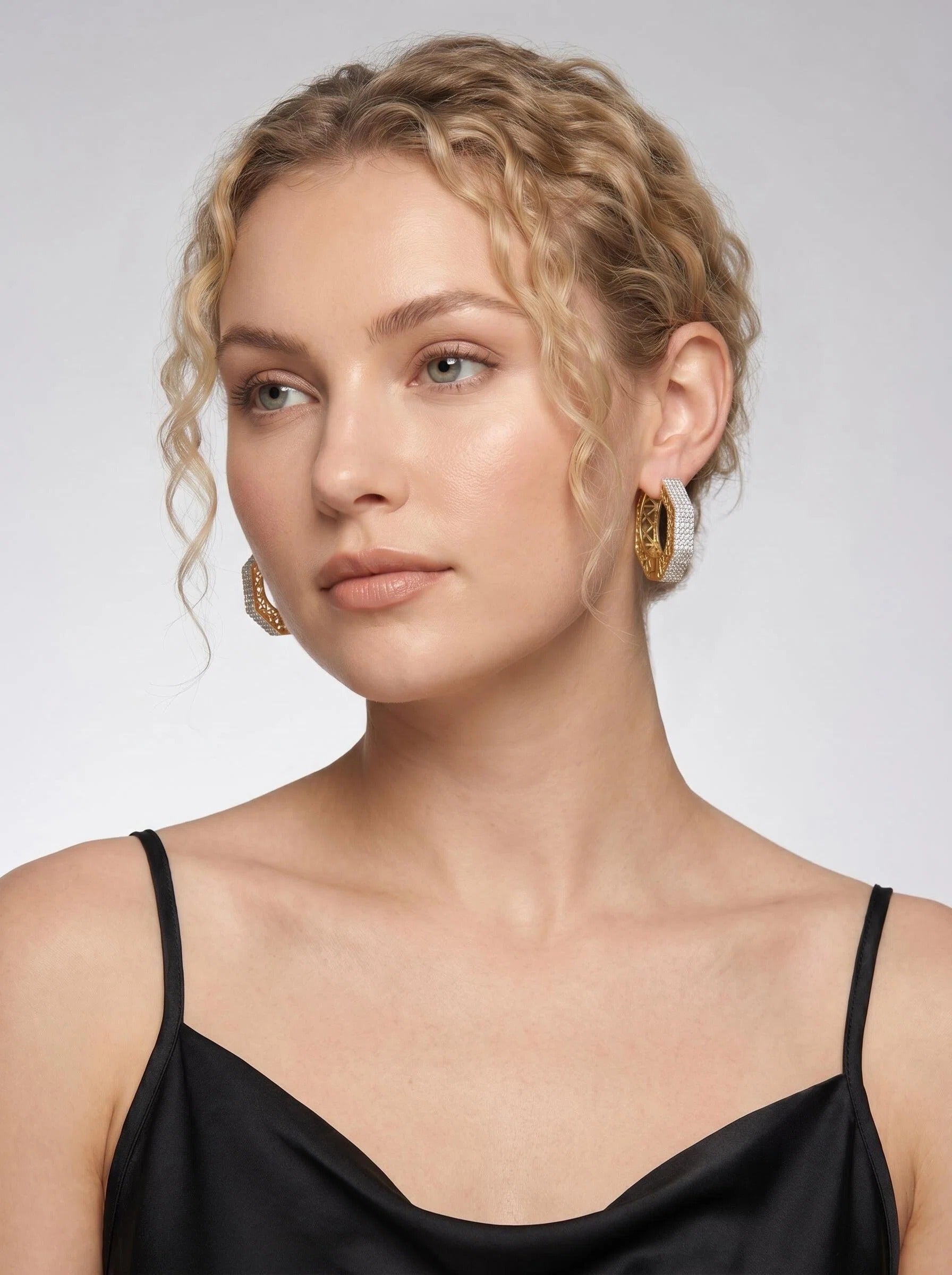 Dual-Tone 18K Gold & Rhodium Plated CZ Hoop Earrings