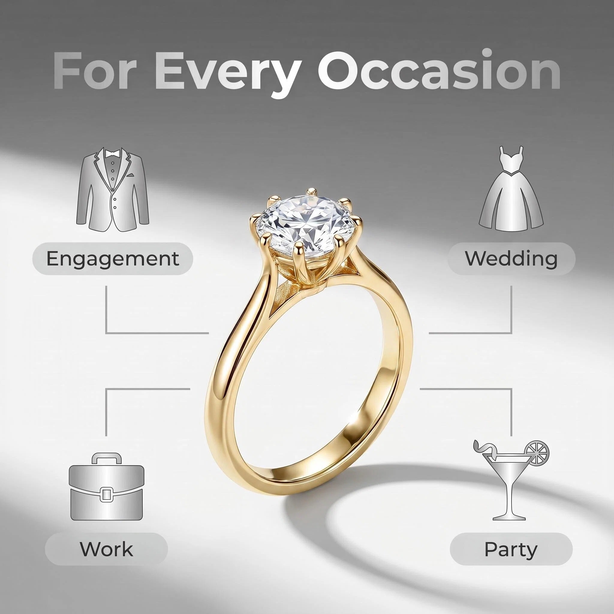 Stainless Steel Ring with 9mm AAA Cubic Zirconia – Vacuum Ion Gold Plated, Color-Fast & Diamond-Like Brilliance