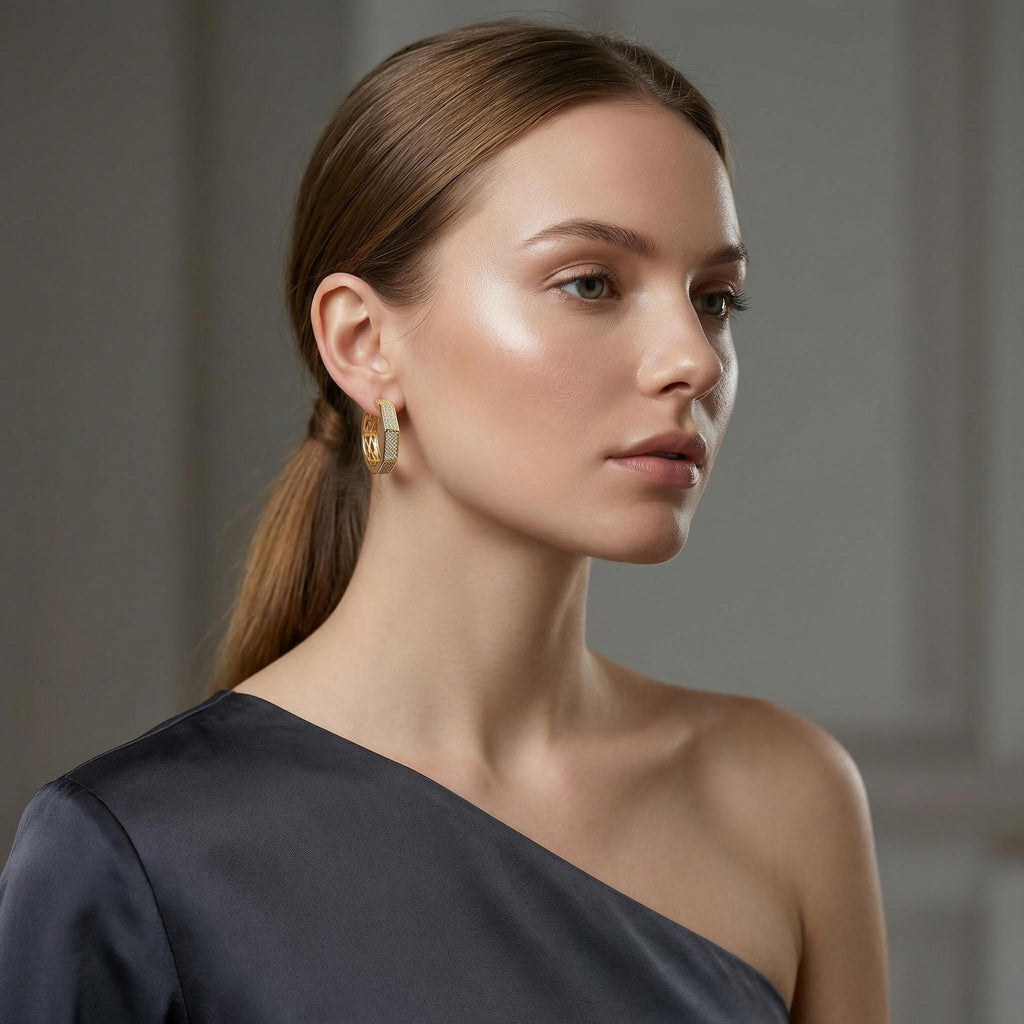 28mm Hexagon Pavé Cubic Zirconia Earrings | 18K Gold Plated