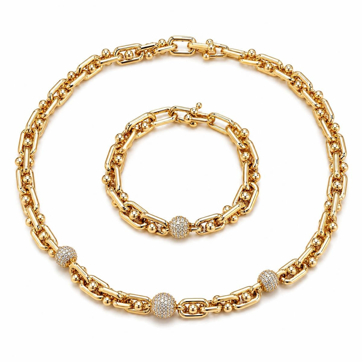 Gold Plated Masai Chain Jewelry Set, Pave Rhinestone Necklace Bracelet - necklaces