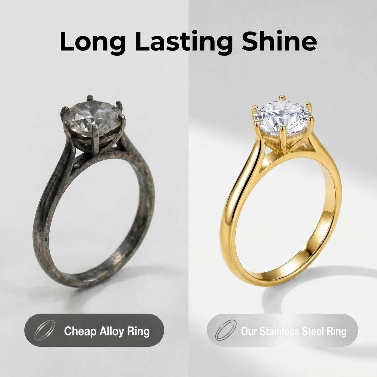 Stainless Steel Ring with 9mm AAA Cubic Zirconia – Vacuum Ion Gold Plated, Color-Fast & Diamond-Like Brilliance