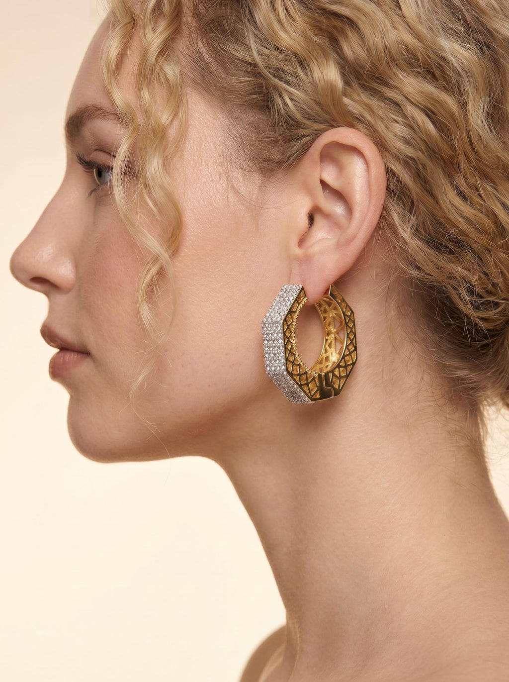 Dual-Tone 18K Gold & Rhodium Plated CZ Hoop Earrings