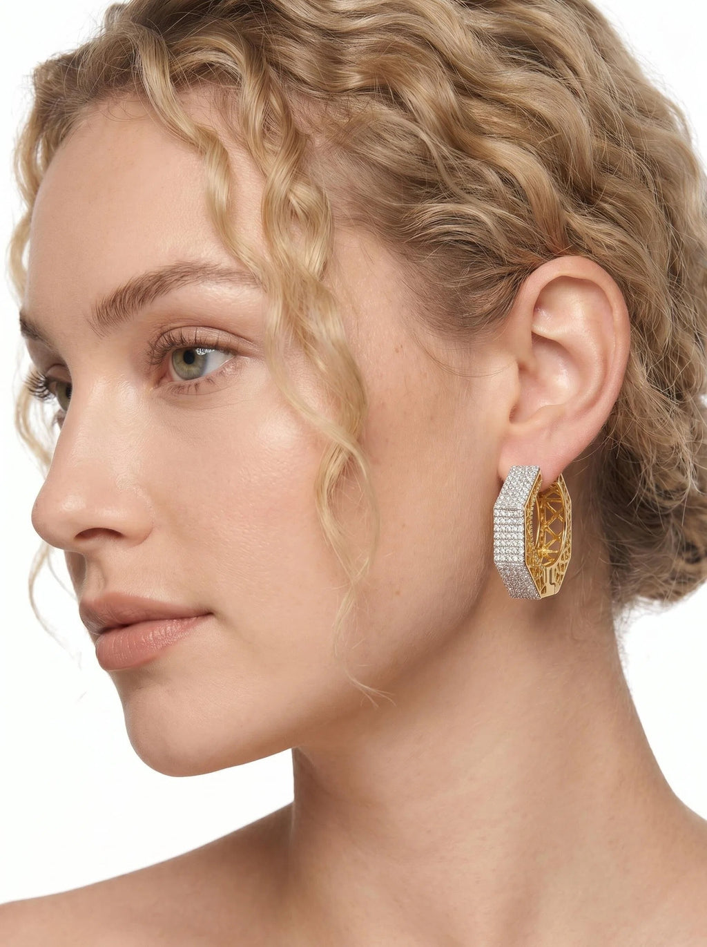 Dual-Tone 18K Gold & Rhodium Plated CZ Hoop Earrings
