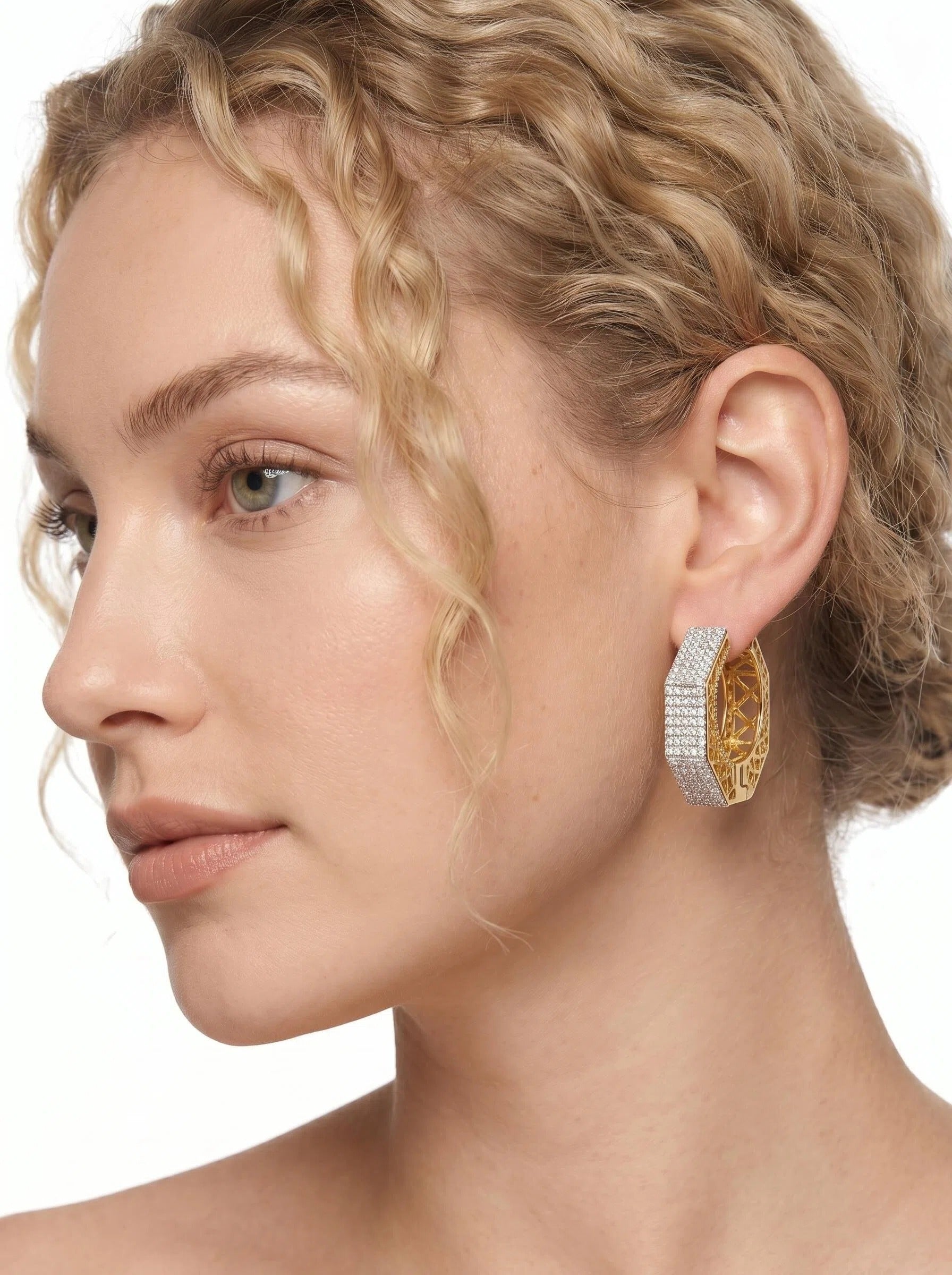 Dual-Tone 18K Gold & Rhodium Plated CZ Hoop Earrings